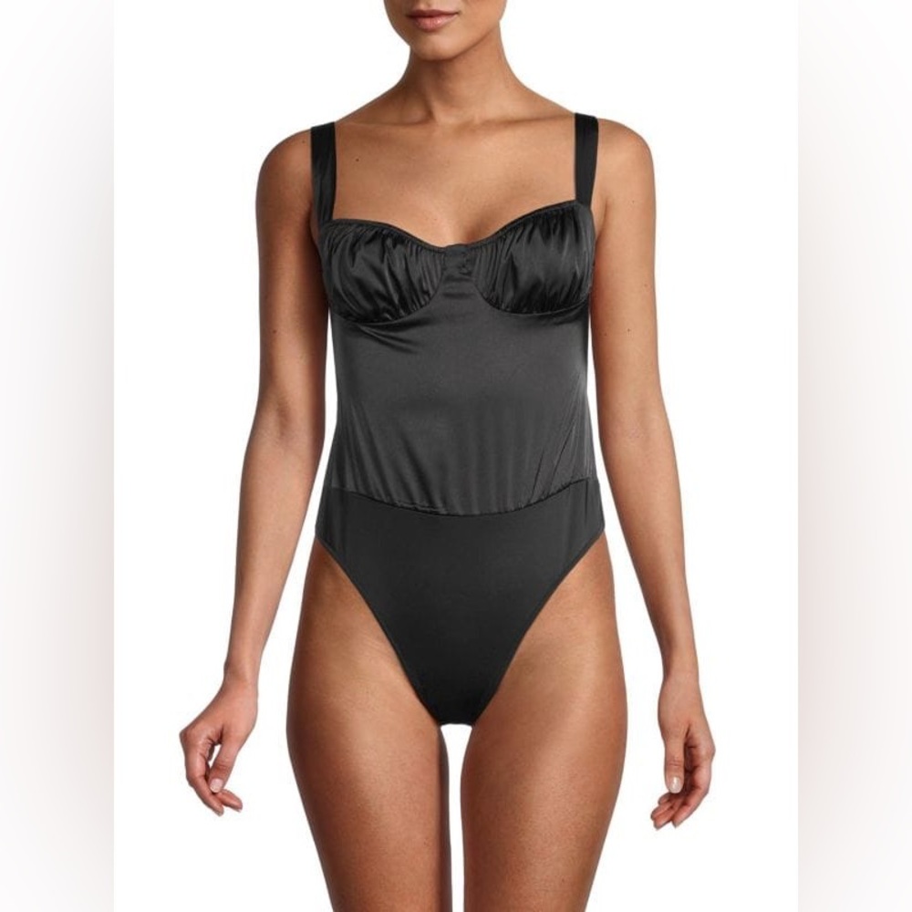 NWT DANIELE BERNSTEIN Satin Ruched Bodysuit, Black 00 (XS) WeWoreWhat for Macy’s